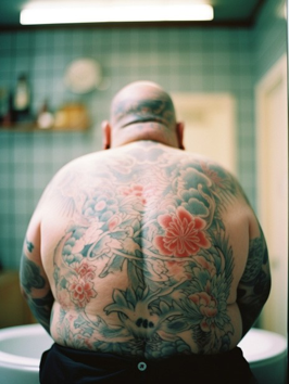 120mm film, depth of field, grain, 35mm lens, photorealisi- tic image of chubby man with a full-body flower-tattoo in traditional japanese style, rear view, the man is standing up in a bath with light blue tiles, the lighting is natural and atmospheric, raw candid photo, street photography --no items or people in the background --ar 3:4 --s 625 --v 5