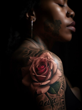 photorealisitic image of a tattoo design for water lily with the words „a rose is a rose is a rose“ in traditional american sailor tattoo style on black woman, the picture focuses on the tattoo, the lighting is natural and atmo- spheric, 120mm film, depth of field, grain, 35mm lens, raw candid photo, street photography --no items or people in the background --ar 3:4 --s 625 --v 5