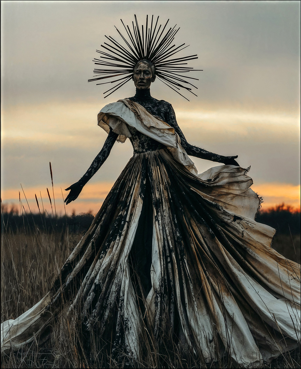 Prompt: A woman in a full body halloween costume, in the style of experimental cinematography, spiky mounds, meryl mcmaster, witchcore, video, rusty debris, medieval - inspired --ar 105:128 --s 750 --v 6.0 --style raw --c 22 --w 22 | Alle Bilder: Peter Braunschmid/Midjourney. KI- und Photo­shop-Workflows