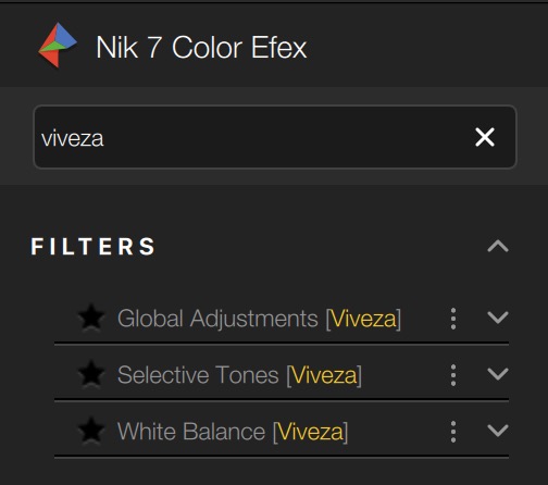 Die neue Suche hilft beim schnellen Finden von Filtern – hier die in Color Efex hinzugefügten Viveza-Filter.