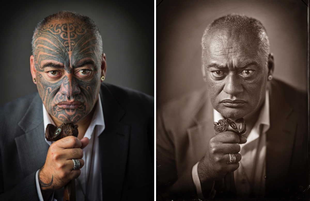 Gary Shane Te Ruki, links ein modernes Farbfoto, rechts dieselbe Person im Nassplatten-Verfahren fotografiert. © Michael Bradley