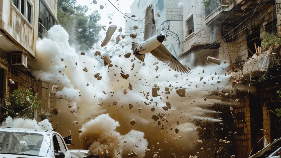 Eines der wenigen Bilder dieses Beitrags, die bei eigenen Projekten entstanden – die KI stellte bei einem Angriff auf ein Gebäude im Gaza-Streifen die – ja eigentlich gerade mitexplodierte – Rakete durchaus kreativ als todbringenden Vogel mit Flügeln und Schwanz dar. 