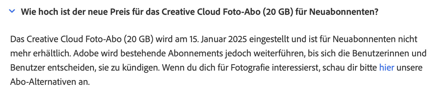 Dass Adobe das 20-GB-Foto-Abo einstellt, wird erst beim Lesen der FAQ klar.